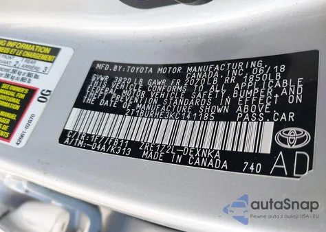 2019 Toyota Corolla Le из США, поврежденный, VIN 2T1BURHE3KC141185